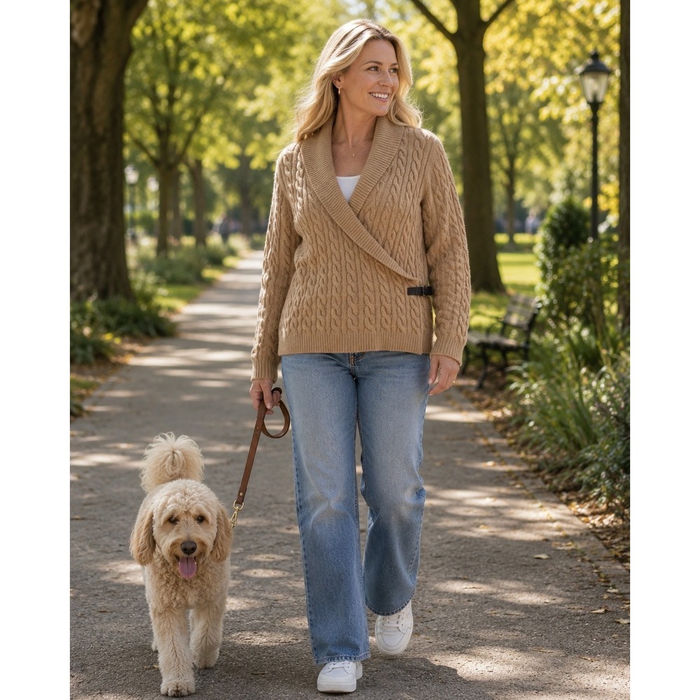 Anne Klein XL Camel Cable Knit Wrap Sweater Buckle Accent Long Sleeve Cozy...